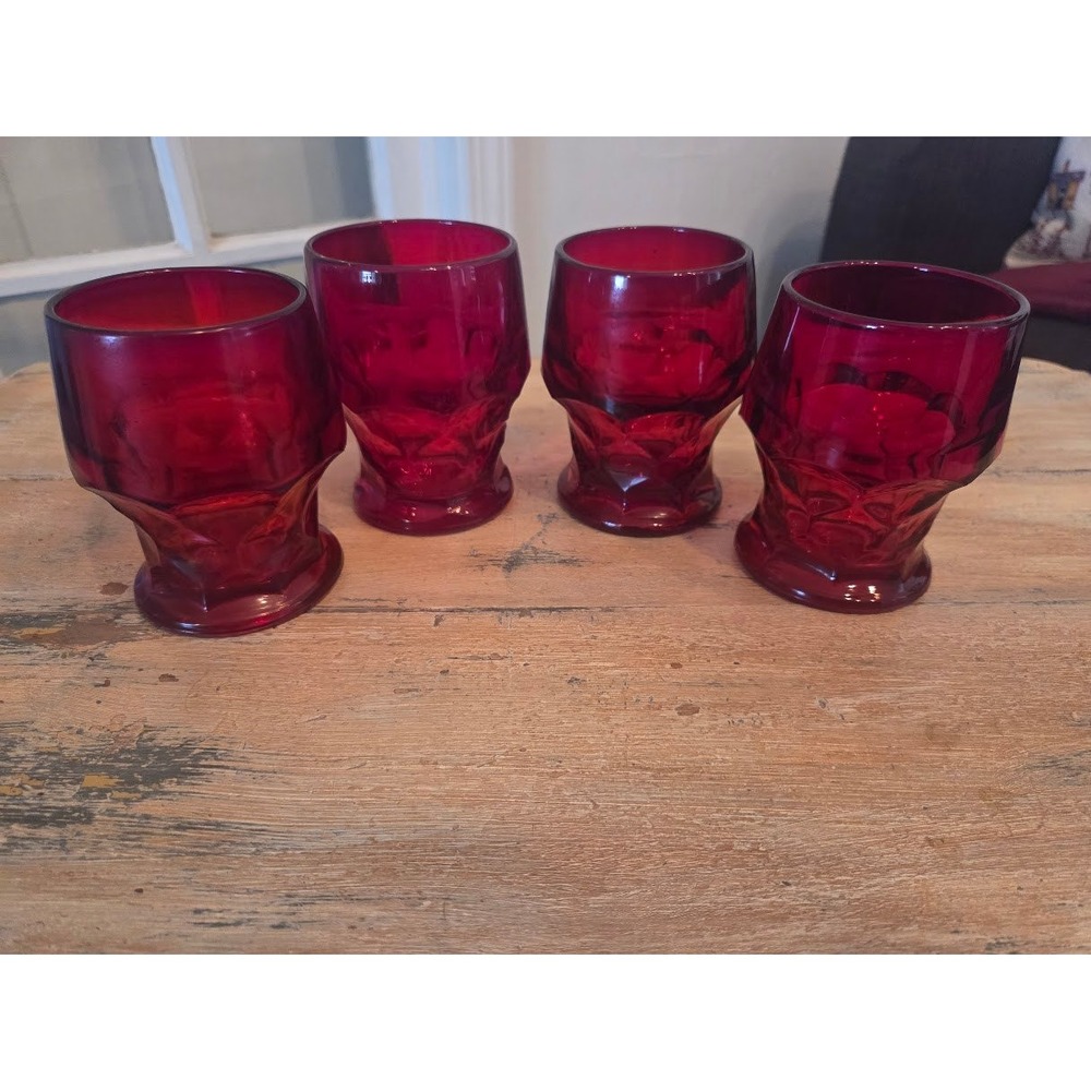 Vintage Ruby Red Glass Juice Water Tumblers Set of 4 Geometric Footed Glasses
